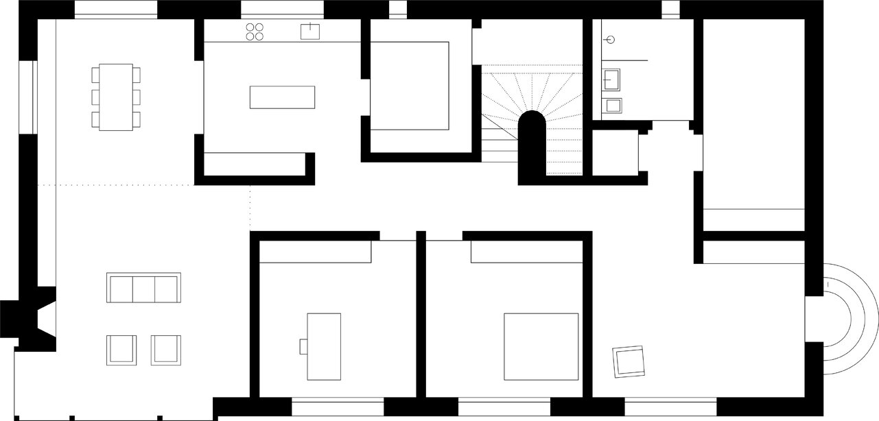 Einfamilienhaus in Finsterwalde, Grundriss Erdgeschoss, Bearbeitung für (link: https://www.habermann-architektur.de text: Habermann Architektur)