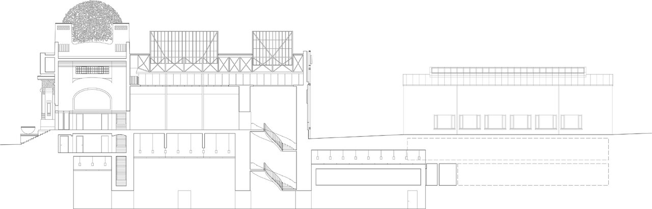 Museumserweiterung Wiener Secession, Längsschnitt, Semesterprojekt Bauhaus-Universität Weimar